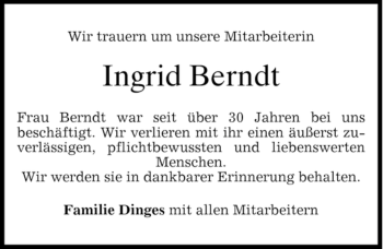 Traueranzeige von Ingrid Berndt von MERKUR & TZ
