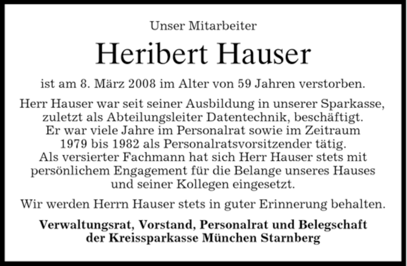  Traueranzeige für Heribert Hauser vom 12.03.2008 aus MERKUR & TZ