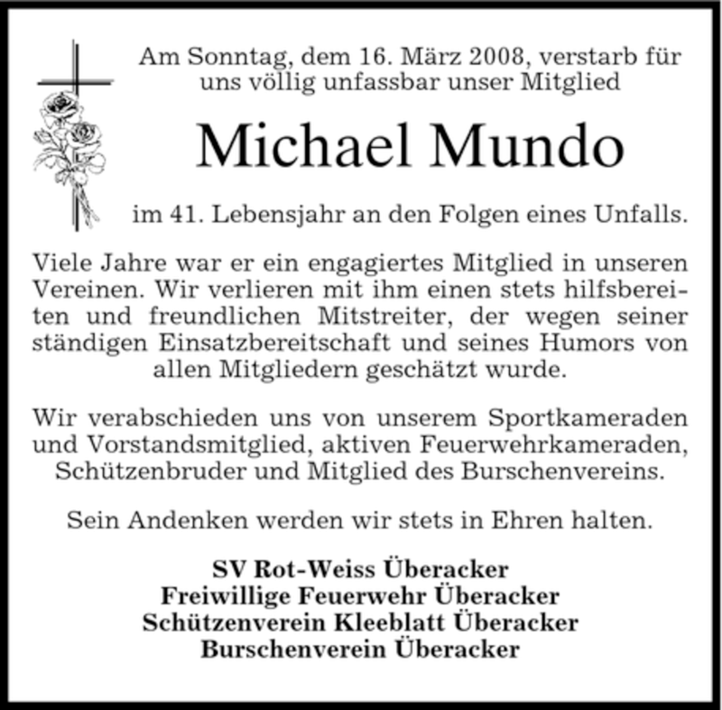  Traueranzeige für Michael Mundo vom 20.03.2008 aus MERKUR & TZ