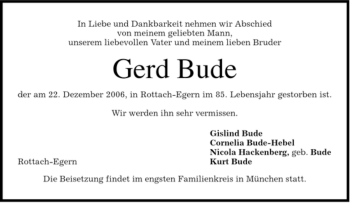 Traueranzeige von Gerd Bude von MERKUR & TZ