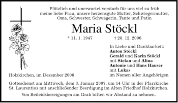 Traueranzeige von Maria Stöckl von MERKUR & TZ