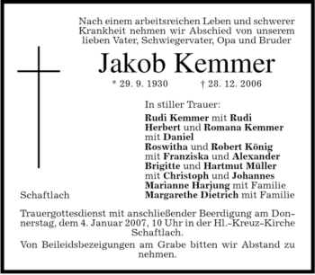 Traueranzeige von Jakob Kemmer von MERKUR & TZ