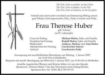 Traueranzeige von Therese Huber von MERKUR & TZ