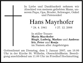 Traueranzeige von Hans Mayrhofer von DORFENER NACHRICHTEN