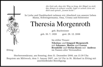 Traueranzeige von Theresia Morgenroth von MERKUR & TZ
