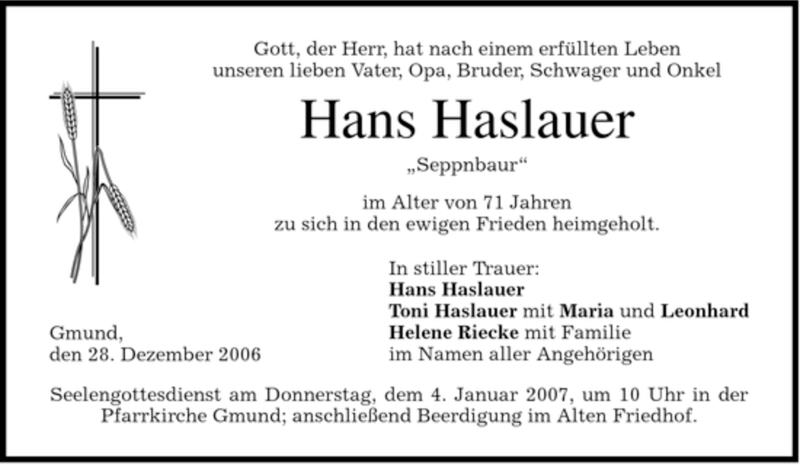  Traueranzeige für Hans Haslauer vom 30.12.2006 aus MERKUR & TZ