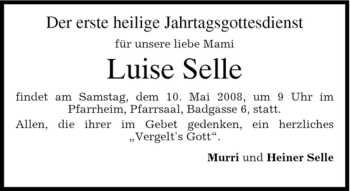 Traueranzeige von Luise Selle von MERKUR & TZ