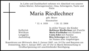 Traueranzeige von Maria Riedlechner von MERKUR & TZ