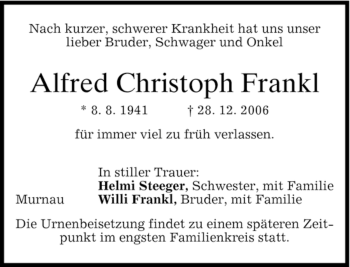 Traueranzeige von Alfred Christoph Frankl von MERKUR & TZ