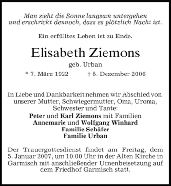 Traueranzeige von Elisabeth Ziemons von MERKUR & TZ