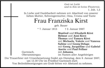 Traueranzeige von Franziska Kirst von MERKUR & TZ