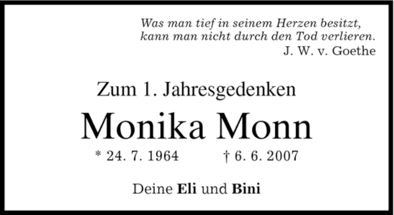 Traueranzeige für Monika Monn vom 06.06.2008 aus MERKUR & TZ