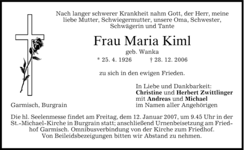  Traueranzeige für Maria Kiml vom 09.01.2007 aus MERKUR & TZ