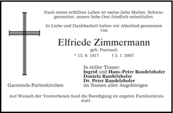 Traueranzeige von Elfriede Zimmermann von MERKUR & TZ