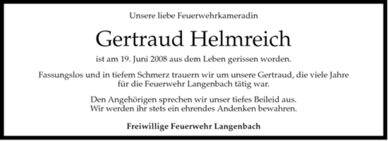  Traueranzeige für Gertraud Helmreich vom 21.06.2008 aus MERKUR & TZ