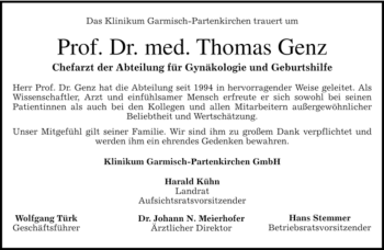 Traueranzeige von Thomas Genz von MERKUR & TZ