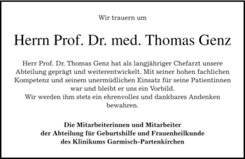 Traueranzeige von Thomas Genz von MERKUR & TZ
