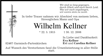 Traueranzeige von Wilhelm Kellner von MERKUR & TZ