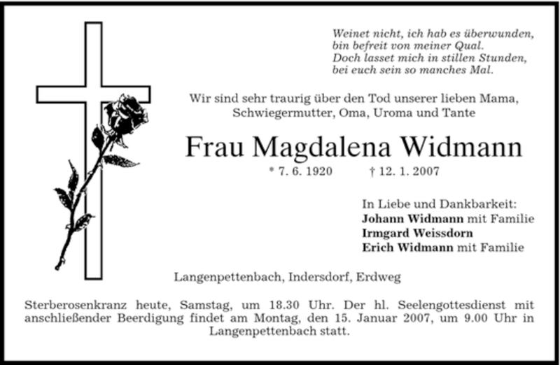  Traueranzeige für Magdalena Widmann vom 13.01.2007 aus HOLZKIRCHENER MERKUR