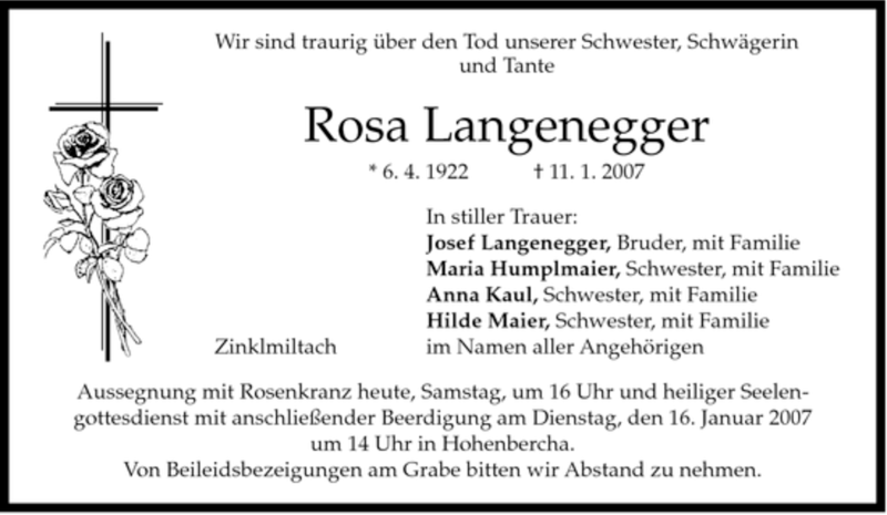  Traueranzeige für Rosa Langenegger vom 13.01.2007 aus MERKUR & TZ