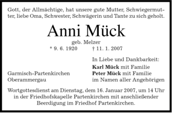 Traueranzeige von Anni Mück von MERKUR & TZ