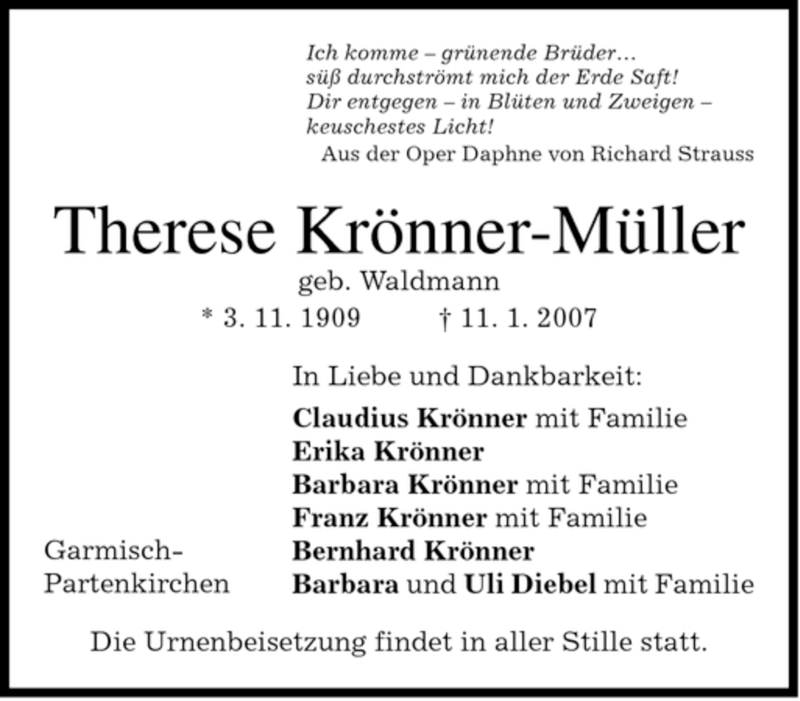  Traueranzeige für Therese Krönner-Müller vom 15.01.2007 aus MERKUR & TZ