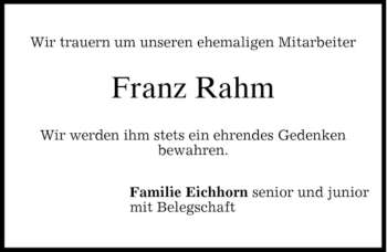 Traueranzeige von Franz Rahm von MERKUR & TZ