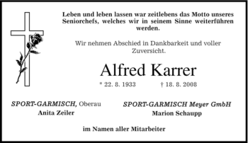 Traueranzeige von Alfred Karrer von MERKUR & TZ