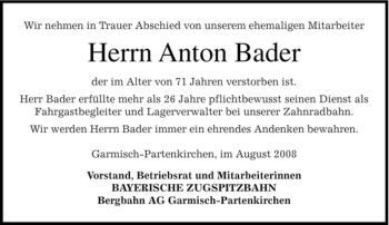 Traueranzeige von Anton Bader von MERKUR & TZ