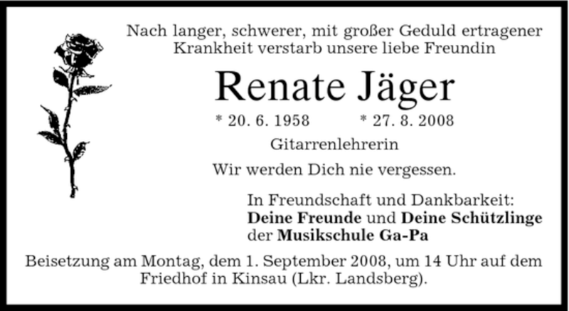  Traueranzeige für Renate Jäger vom 30.08.2008 aus MERKUR & TZ