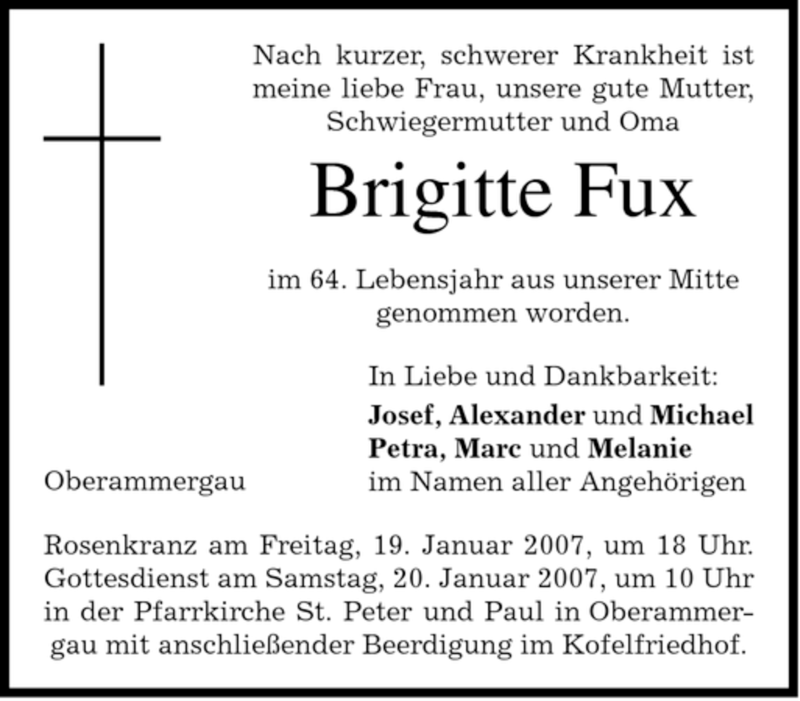  Traueranzeige für Brigitte Fux vom 18.01.2007 aus MERKUR & TZ