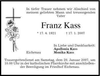 Traueranzeige von Franz Kass von MERKUR & TZ