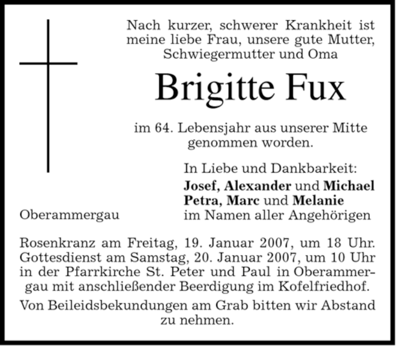  Traueranzeige für Brigitte Fux vom 19.01.2007 aus MERKUR & TZ
