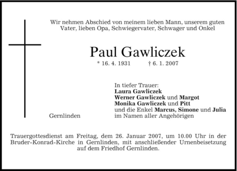  Traueranzeige für Paul Gawliczek vom 20.01.2007 aus MERKUR & TZ
