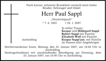 Traueranzeige von Paul Sappl von MERKUR & TZ