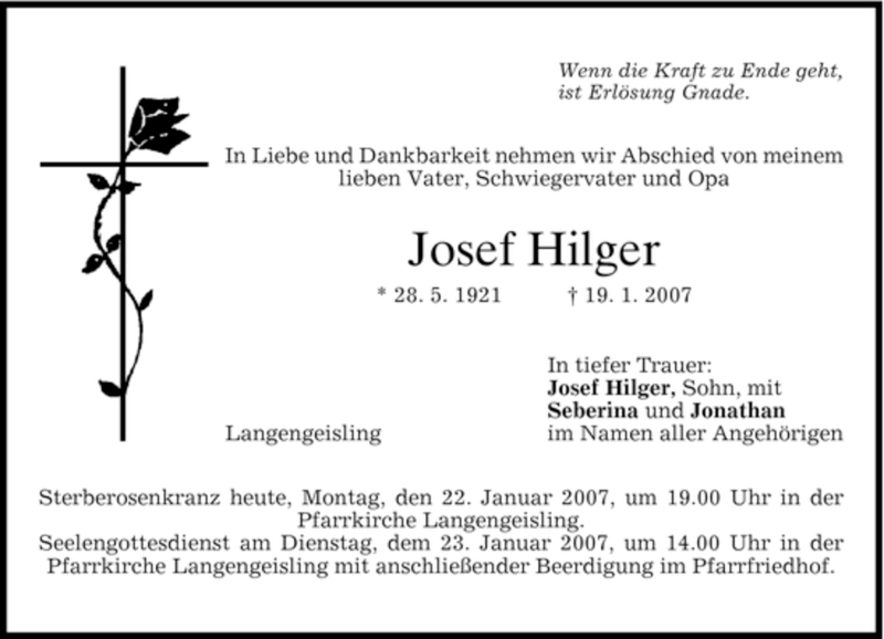  Traueranzeige für Josef Hilger vom 22.01.2007 aus MERKUR & TZ