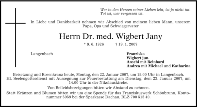  Traueranzeige für Wigbert Jany vom 22.01.2007 aus MERKUR & TZ