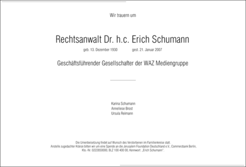  Traueranzeige für Erich Schumann vom 23.01.2007 aus MERKUR & TZ