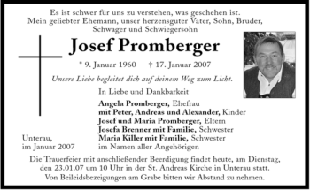 Traueranzeige von Josef Promberger von MERKUR & TZ