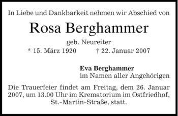 Traueranzeige von Rosa Berghammer von DORFENER NACHRICHTEN