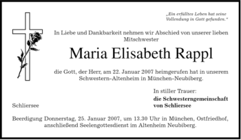 Traueranzeige von Maria Elisabeth Rappl von MERKUR & TZ