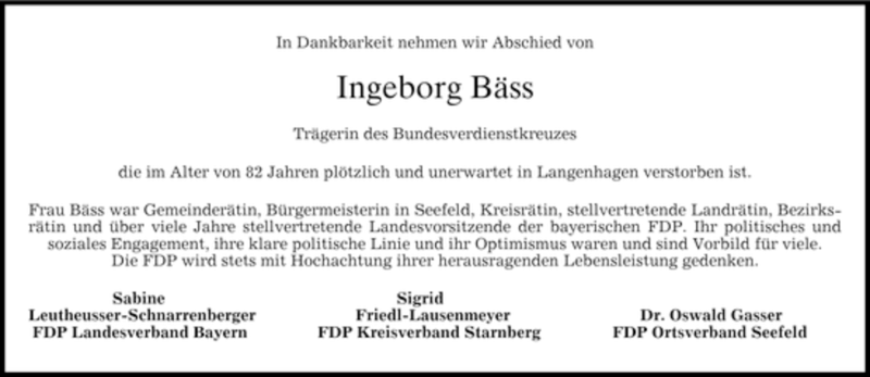  Traueranzeige für Ingeborg Bäss vom 24.01.2007 aus MERKUR & TZ