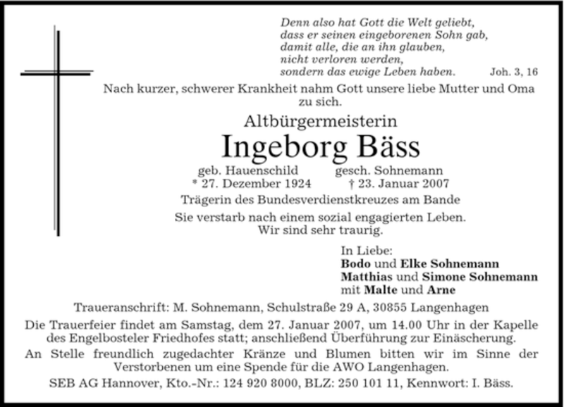  Traueranzeige für Ingeborg Bäss vom 25.01.2007 aus DORFENER NACHRICHTEN