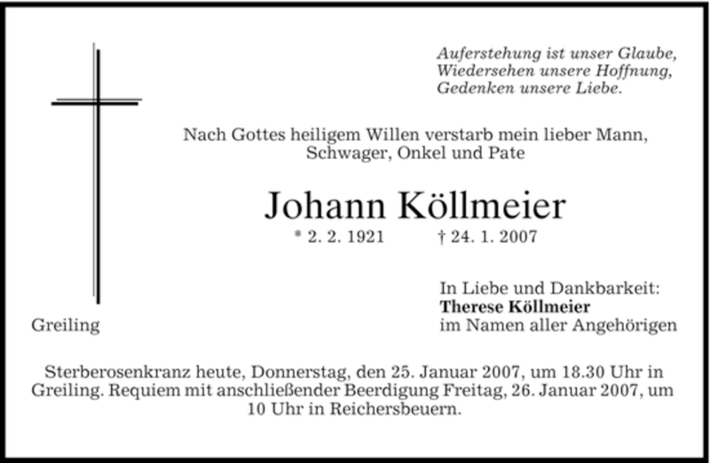  Traueranzeige für Johann Köllmeier vom 25.01.2007 aus MERKUR & TZ