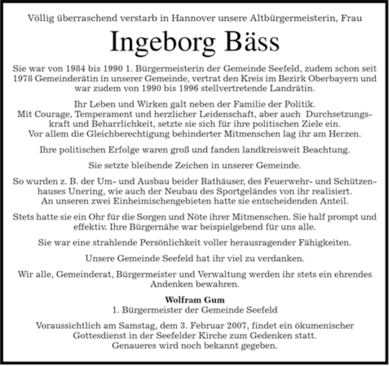  Traueranzeige für Ingeborg Bäss vom 25.01.2007 aus MERKUR & TZ