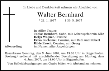 Traueranzeige von Walter Bernhard von MERKUR & TZ