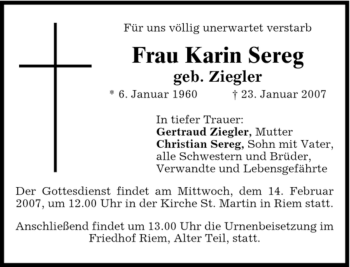Traueranzeige von Karin Sereg von DORFENER NACHRICHTEN