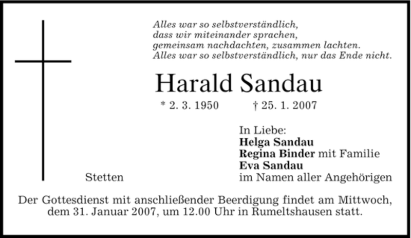  Traueranzeige für Harald Sandau vom 27.01.2007 aus HOLZKIRCHENER MERKUR