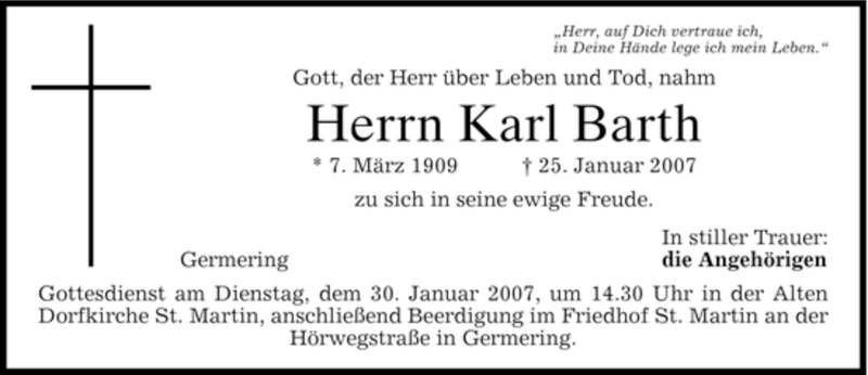  Traueranzeige für Karl Barth vom 27.01.2007 aus MERKUR & TZ