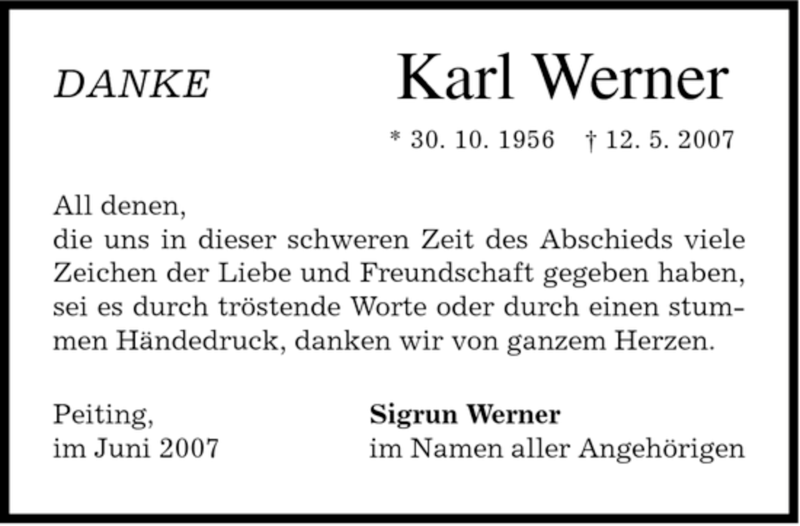  Traueranzeige für Karl Werner vom 04.06.2007 aus MERKUR & TZ